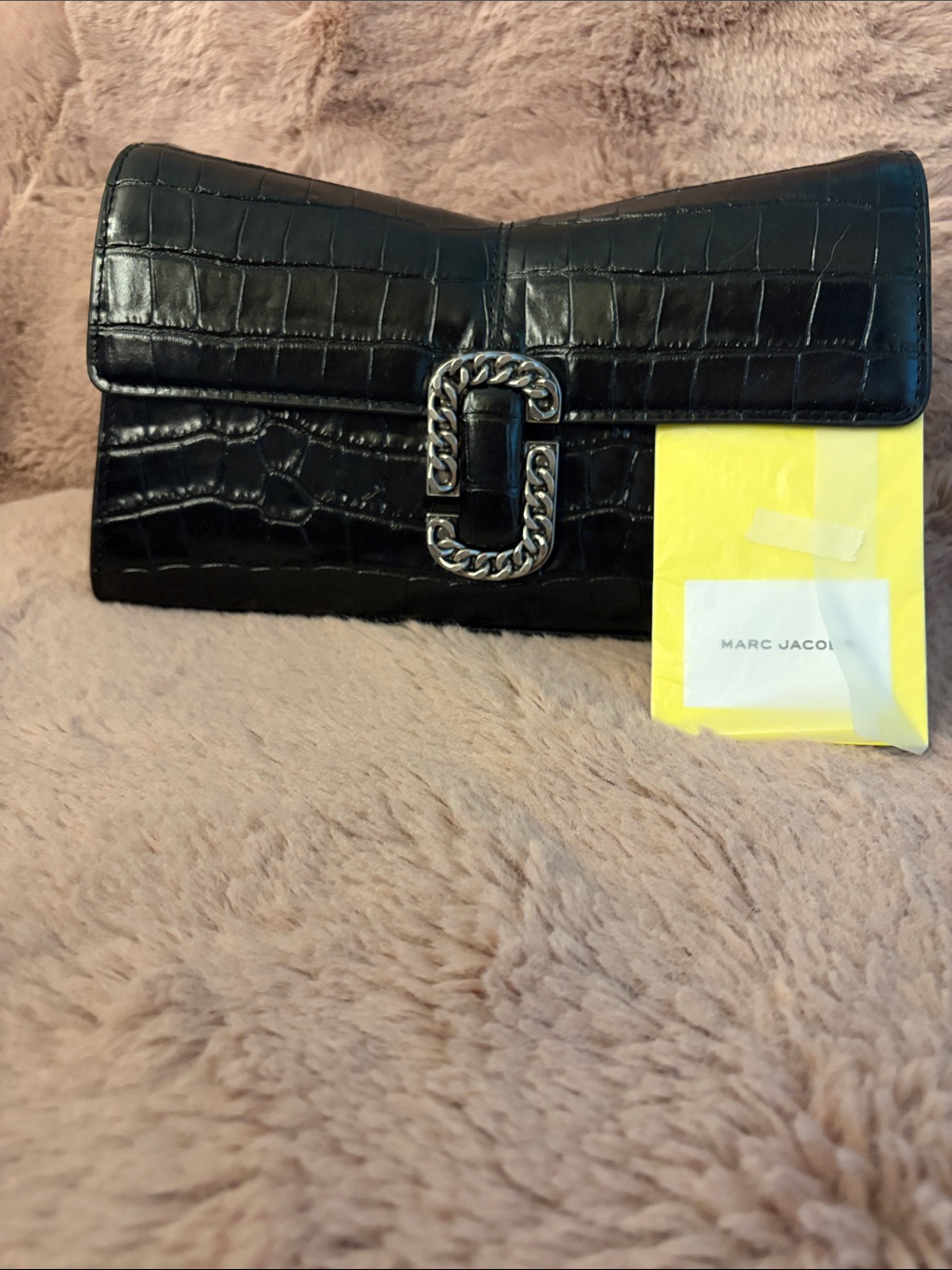 Marc Jacobs Black Croc-Embossed Leather Clutch With Chain-Link Logo